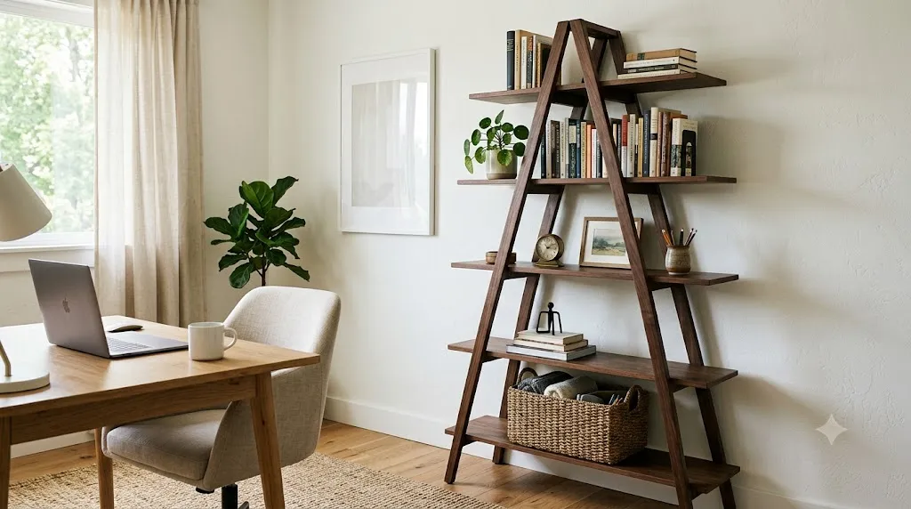 Ladder-style bookshelf with books, a woven basket at the bottom, and decor at eye level