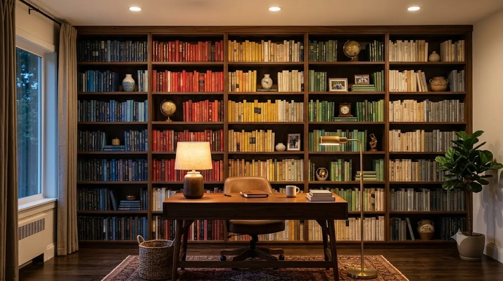 Floor-to-ceiling built-in library wall with color-organized books and a warm lamp