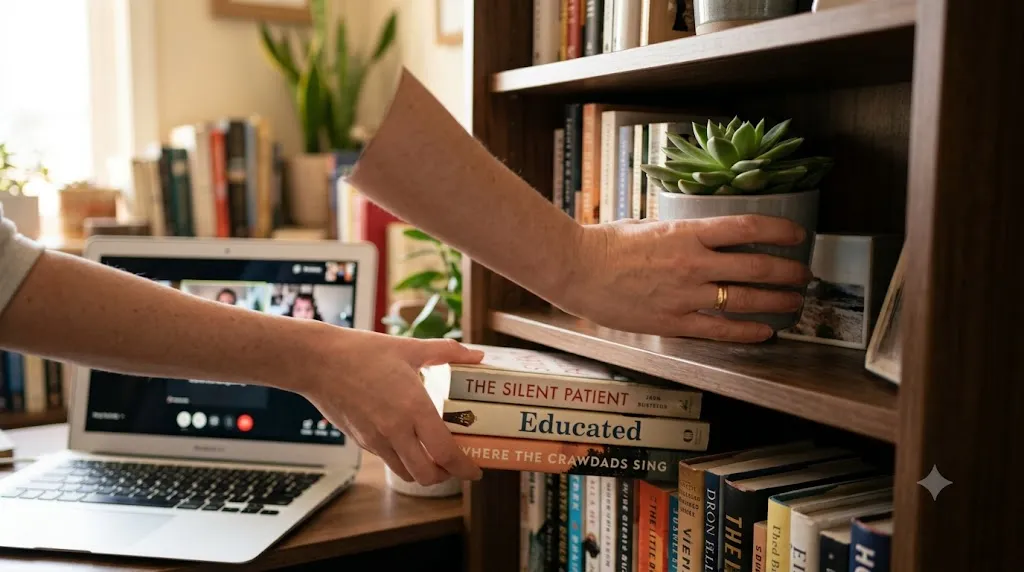 Person tidying a bookshelf quickly before a video call with a laptop open