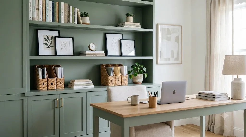 Sage green built-in shelves with flat art books, black frames, and rattan file holders