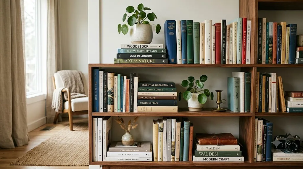 Bookshelf mixing upright vertical books with horizontal stacks for visual interest